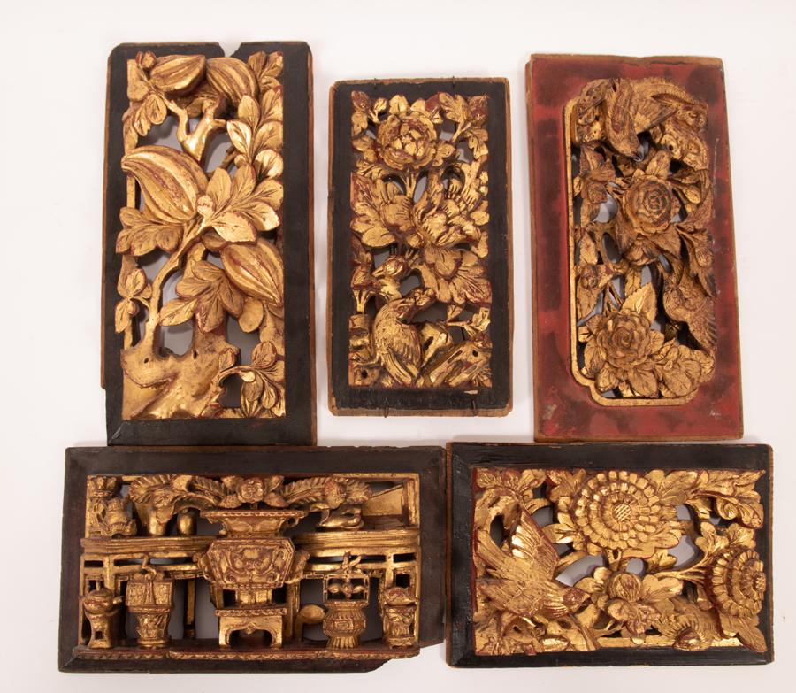 THAILAND GILT WOOD WALL PLAQUES, 5 PCS, W 9"-11.5" (1 of 12)