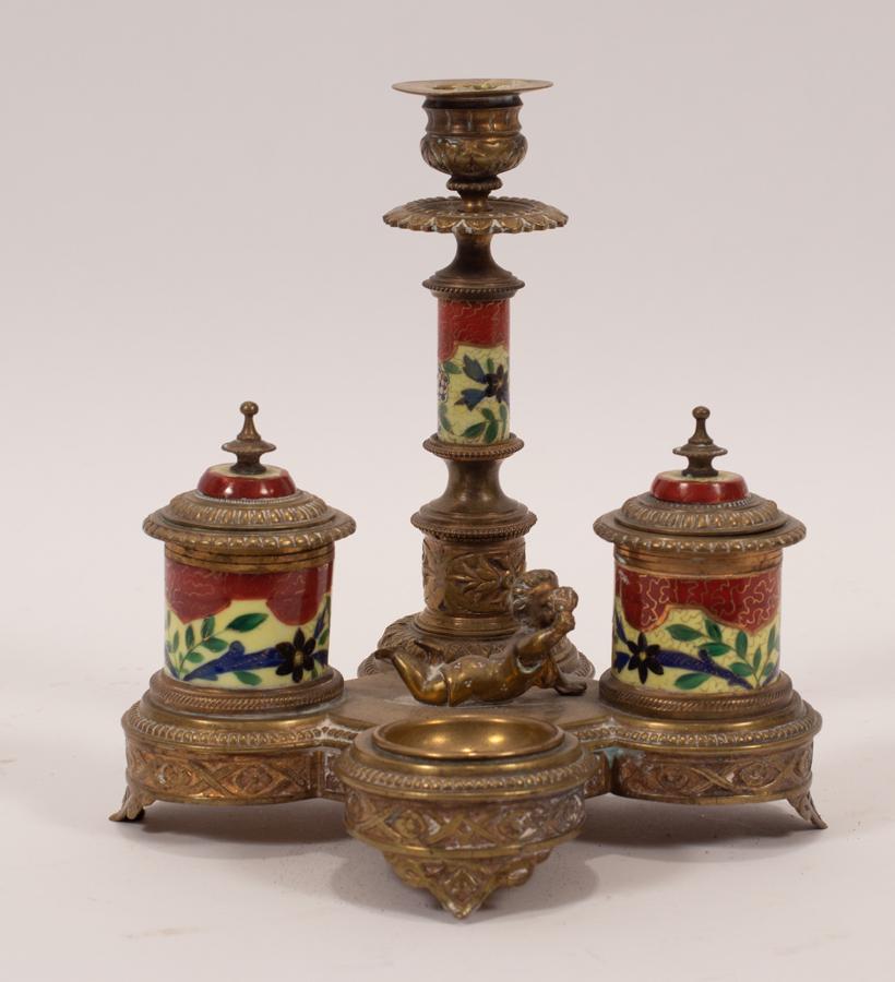 GILT BRONZE & CLOISONNE STYLE INKWELL, EARLY 20TH C, H (1 of 7)
