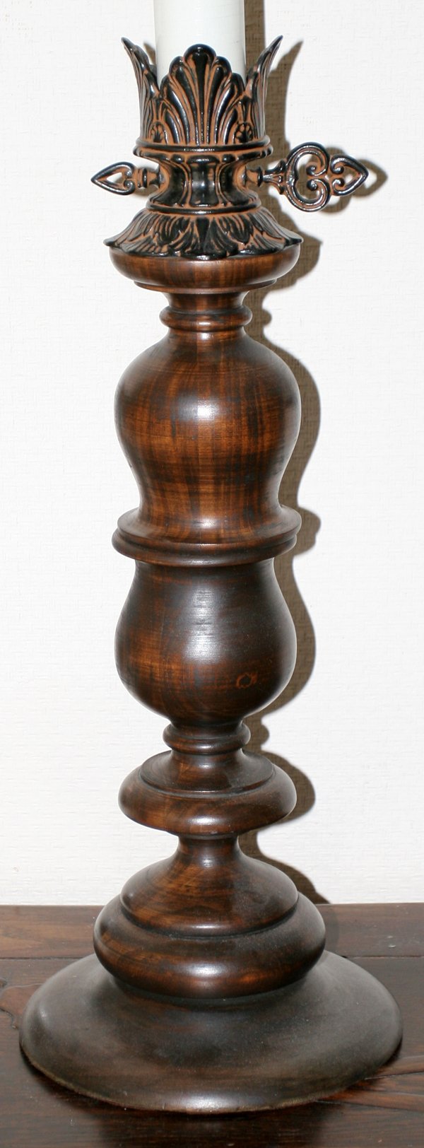 CANDLESTICK STYLE LAMPS, TWO, H 21 1/2", 14": CANDLESTICK STYLE LAMPS, TWO, H 21 1/2", 14":Wood lamp - nicely turned wood base. Removed from Colonial Road, Grosse Pointe Shores. Height of wood base : 21 1/2", 40" overall. Other lamp is brass and
