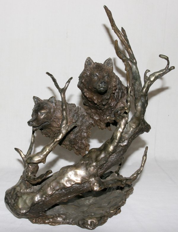MARK HOPKINS, BRONZE SCULPTURE, 1993, COYOTES: MARK HOPKINS, BRONZE SCULPTURE, 1993, H 15", COYOTES:Signed and dated 1993. Measures H.15" x 12" x 7".
