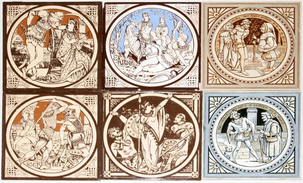 MINTONS TILES, SIX, C. 1880, FAIRY TALES, : MINTONS TILES, SIX, C. 1880, FAIRY TALES, 6" X 6":Four brown, 1 grey, 1 blue Impressed "Mintons, Stoke on Trent". 6" X 6"
