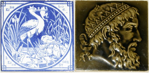 MINTONS TILES, TWO, C. 1880, 6" X 6": MINTONS TILES, TWO, C. 1880, 6" X 6":Classical portrait. Aesop's fables in blue on white. 6" X 6"