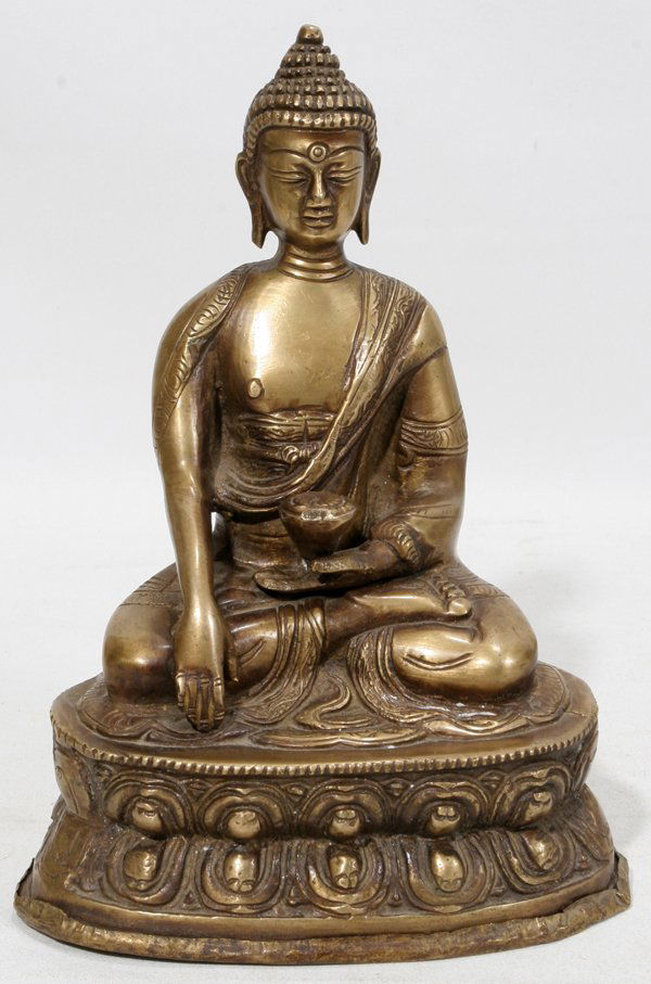 CHINESE BRASS TEMPLE FIGURE, H 7", BUDDHA IN: CHINESE BRASS TEMPLE FIGURE, H 7", BUDDHA IN MEDITATION:Buddha seated in meditation on a double-lotus pedestal holding an alms bowl in one hand, golden patina. Measures H.7 1/2" x 5 1/2" x 3 1/2", 20t