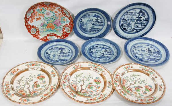 CANTON BLUE & WHITE PLATES, COPELAND SPODE: CANTON BLUE & WHITE PLATES (5), COPELAND SPODE 'INDIAN TREE' PLATES (3), & A DISH:Canton blue and white plates include 3 at Dia.8 3/4" (all with rim chips and cracks), and 2 at Dia.9 3/4" (both with c