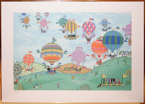 HOFFLANDER LITHOGRAPH, 1978, HOT AIR BALLOONS: HOFFLANDER, LITHOGRAPH, 1978, 23" X 30", HOT AIR BALLOONS:Framed and matted under glass; pencil signed, dated and numbered 222/250. Probably Jack Hofflander, American 1920-2003