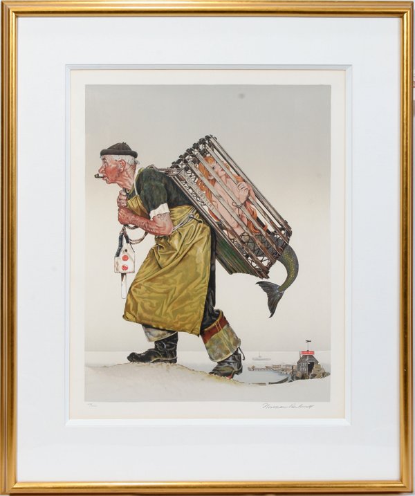 AFTER NORMAN ROCKWELL COLOR LITHO "LOBSTERMAN": AFTER NORMAN ROCKWELL, COLOR LITHO, 23" X 18", 1975, "THE LOBSTERMAN":23 1/8" x 17 7/8" image; 28 3/8" x 21 3/8" paper size; #159/200; published by Circle Fine Art and released in 1979; date of print,