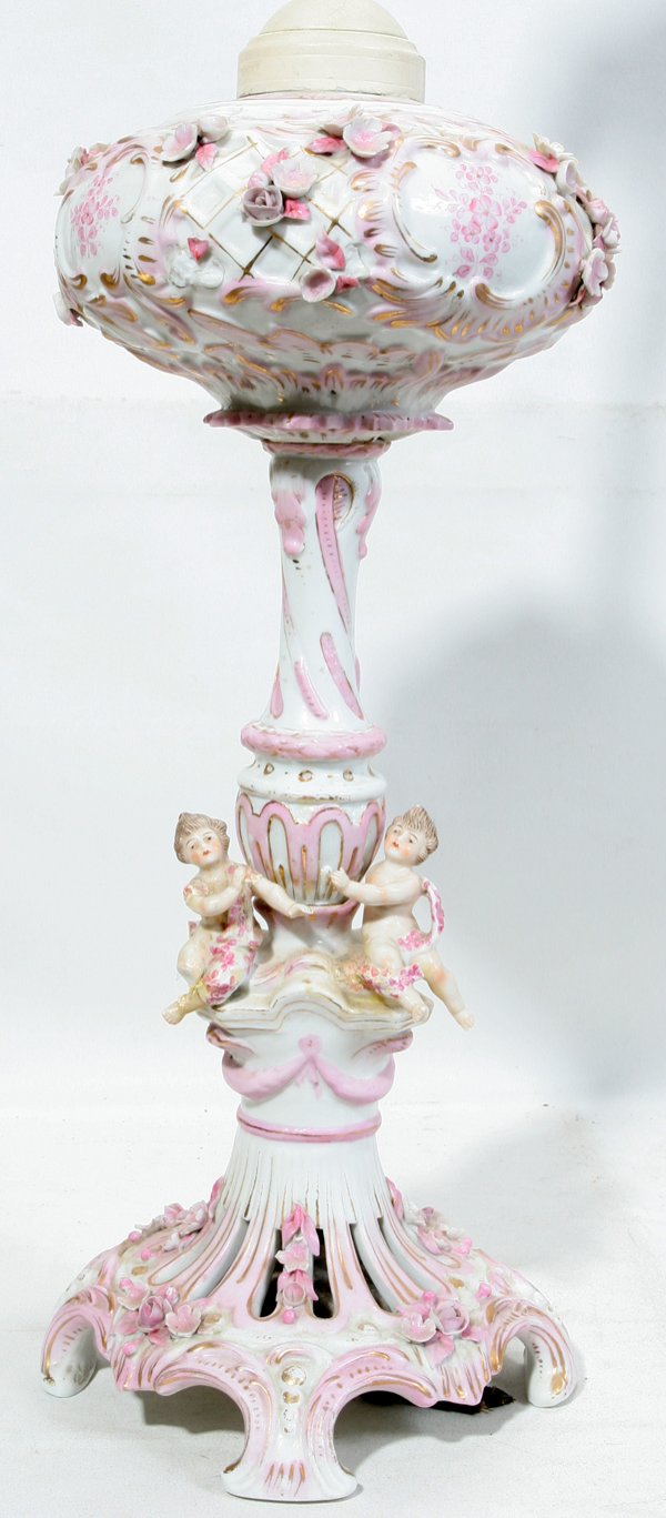 GERMAN PORCELAIN LAMP, ANTIQUE, H 17" BASE ONLY