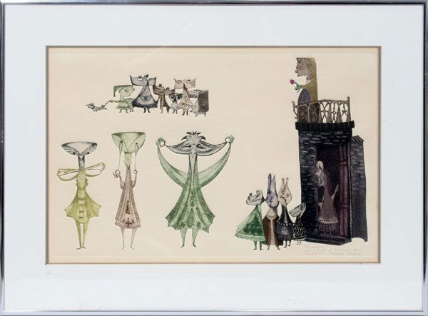 GUILLERMO SILVA ETCHING "TRUGUENOS SERIE NO 21": GUILLERMO SILVA, COLOR ETCHING, 11" X 18", 1961, "TRUGUENOS SERIE NO. 21":Pencil signed, dated and titled; 11 1/2" x 18 1/8"; Impression: "Guillermo Silva, Mylena Marin"; framed. Arwin Galleries, Detr