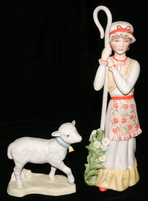 CYBIS BISQUE FIGURES, 'LITTLE BO PEEP" & LAMB: CYBIS BISQUE FIGURES, 'LITTLE BO PEEP" & LAMB, TWO, H 10":Including "Little Bo Peep", H.10 1/4", and a lamb, 4 1/2".