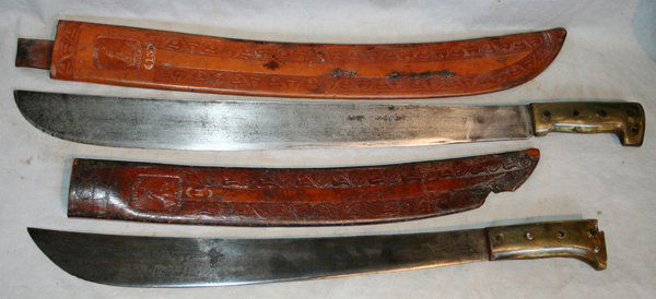COLLINS & CO. MACHETES, BONE HANDLES, C1918: COLLINS & CO. MACHETES, BONE HANDLES, C1918:includes two Collins & Co. machetes one stamped "Legitimus Collins & Co. Hartford Acero Fino Calidad Garantizada No. 85" and "S-2-24 F.C.C.P." with a 21 1/2