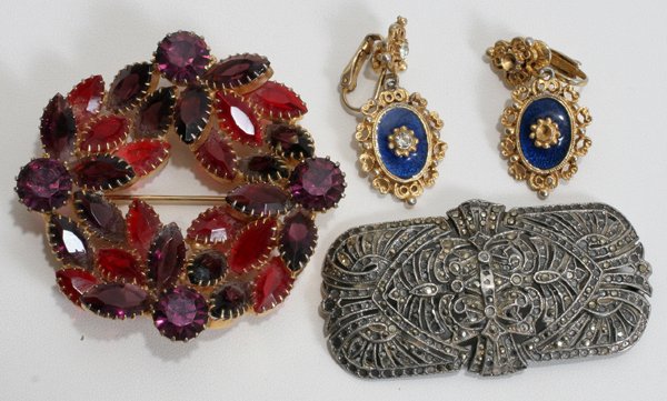 MARCASITE BROOCH, CIRCULAR BROOCH AND EARRINGS: VICTORIAN MARCASITE BROOCH, CIRCULAR BROOCH AND BLUE ENAMEL PENDANT EARRINGS, 3 PCS.:Victorian brooch, Dia 2 1/2"; circular brooch, circa 1930, Dia 2 1/2", with red and lavender stones; blue enamel ea