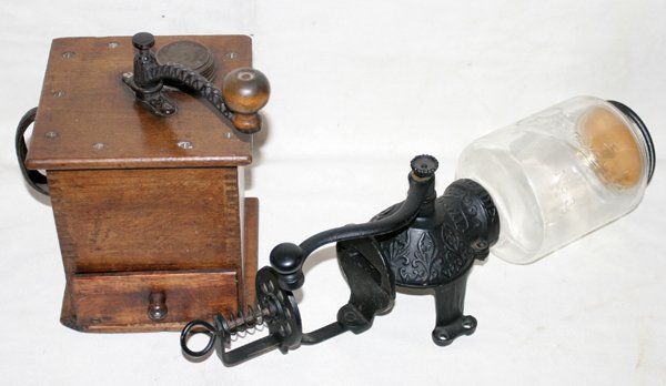 ANTIQUE WOOD & IRON & GLASS COFFEE GRINDERS: ANTIQUE WOOD & IRON & GLASS COFFEE GRINDERS H 11" & 19":includes an antique wood and cast iron coffee grinder and an Arcade cast iron and glass no.3 coffee grinder;