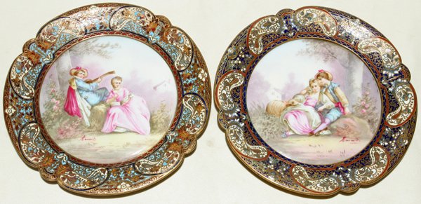 FRENCH PORCELAIN & ENAMELED DISHES, TWO, SIGNED