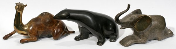 LOET VANDERVEEN BRONZE CAMEL, BEAR AND ELEPHANT: LOET VANDERVEEN BRONZE CAMEL, BEAR AND ELEPHANT L 6", THREE:Three animals. Camel #154/2500. H 3" L 6". Polar bear #54/750 H 2 3/4" x 6". All are signed and numbered.