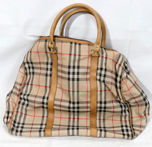 BURBERRY PLAID & LEATHER-TRIMMED TRAVEL BAG,: BURBERRY PLAID & LEATHER-TRIMMED TRAVEL BAG, L 17":Tan leather handles and trim, measures H.15" x 17" x 9 1/2", approximately.