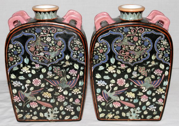 CHINESE BLACK & FLORAL EARTHENWARE VASES, PAIR: CHINESE BLACK & FLORAL EARTHENWARE VASES, PAIR, H 11", W 8":