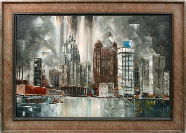 ROBERT LEBRON OIL ON CANVAS, 'DETROIT': ROBERT LEBRON (AMERICAN, 1928), OIL ON CANVAS, 21" X 33", 'DETROIT':Nicely textured image depicts the city of Detroit's skyline as shown in cool steel colored tones. Signed at the lower right and fram