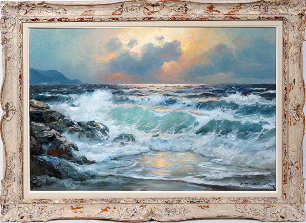 ALEXANDER DZIGURSKI OIL/CANVAS SUNSET BREAKERS: ALEXANDER DZIGURSKI, OIL ON CANVAS 24" X 36" SUNSET BREAKERS [AMER. 1911-95]:Cracking waves at sunset. Signed. Many of Dzigurski's seascapes were done off the coast of California. [Yugoslavian-America