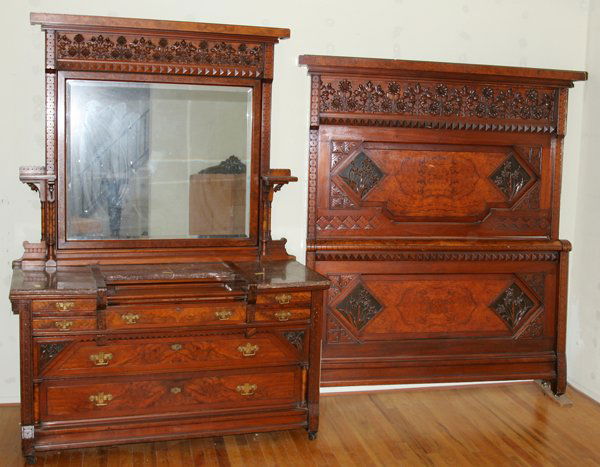 BURL WALNUT HIGH-BACK BEDROOM SET, LATE 19TH C.: BURL WALNUT HIGH-BACK BEDROOM SET, LATE 19TH C., TWO PIECES:Double bed, W 63", H 38" footboard. H 79" headboard, W 63". Dresser with beveled marble top surmounted by beveled mirror, H 84", W 60". Dres