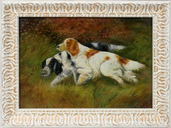 SIGNED L. ROY, OIL ON BOARD, TWO HUNTING DOGS: SIGNED L. ROY, OIL ON BOARD, 8" X 12", TWO HUNTING DOGS:Image depicts two spaniels, one black and white and the other blond and white, hunting in a field. Signed "L. Roy" at the lower right, framed.