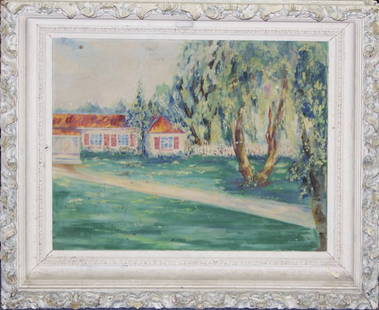OIL ON CANVAS, H 23", W 26" AMERICAN LANDSCAPE: OIL ON CANVAS, H 23", W 26" AMERICAN LANDSCAPE:May be signed in the lower right corner, but the signature is very difficult to make out. Landscape with house in distance.