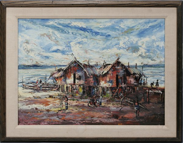 PENWAY OIL/CANVAS CARIBBEAN FISHING VILLAGE: PENWAY, MODERN OIL ON CANVAS, 20" X 27", CARIBBEAN FISHING VILLAGE:Framed. Signed. Circa 1960