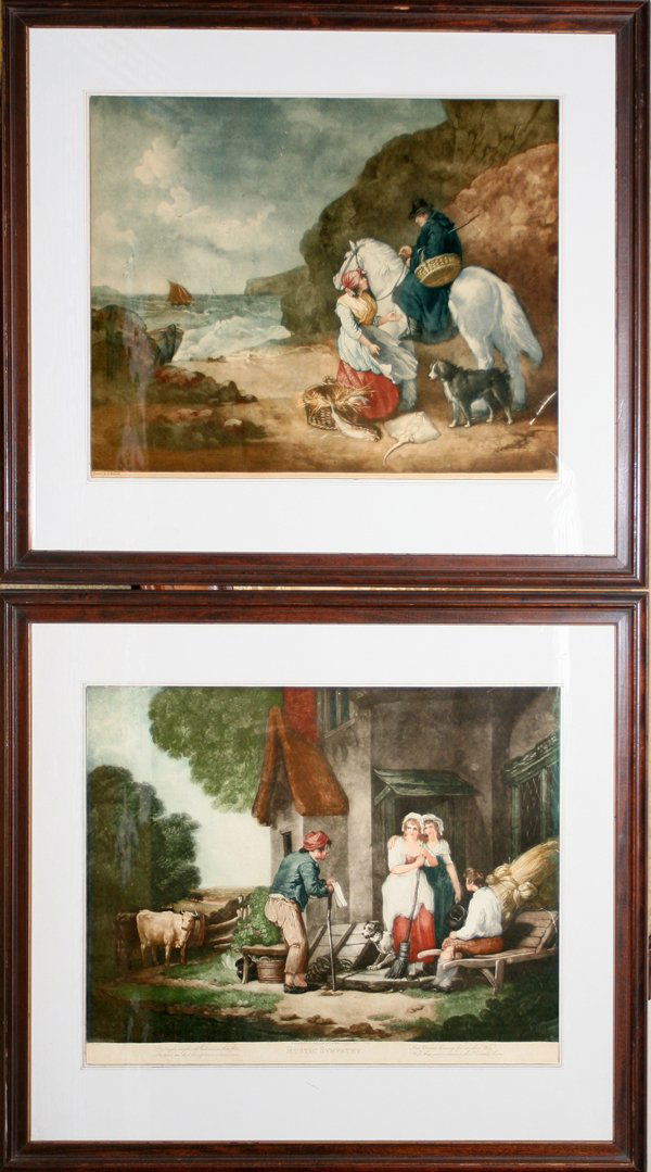 GEORGE MORLAND, TWO FRAMED PRINTS, C 1900: GEORGE MORLAND, TWO FRAMED PRINTS, CIRCA 1900, 17" X 20":After George Morland. Mahogany frames. "Rustic Sympathy" and . Nicely framed. From the Estate of Mary McSherry Ward, Bloomfield Hills, Mi.