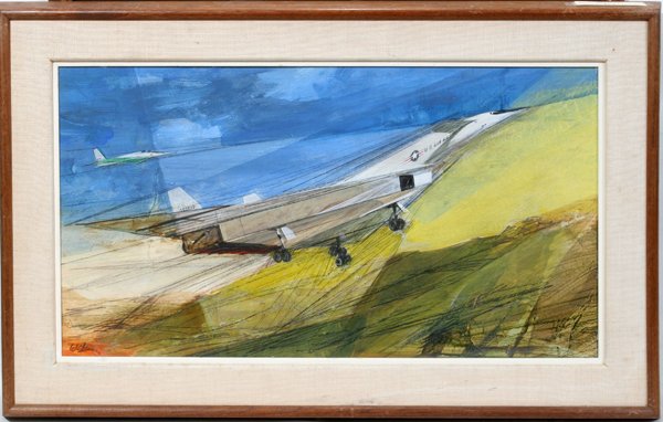 WILL SLOCUM TEMPERA, PAPER ON BOARD, AIRPLANE: WILL SLOCUM, TEMPERA AND PAPER ON BOARD LATER 20TH C. 13 1/4" X 24", AIRPLANE:Signed lower left; framed.