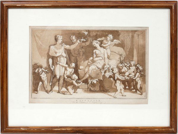 AFTER RAPHAEL, INTAGLIO PRINT, ANTIQUE: AFTER RAPHAEL, INTAGLIO PRINT, C. 10" X 17", ANTIQUE:After a work showing Venus or a maiden being attended to by cherubs that is in the collection of E. Knight Esq.; print by C.M.; framed.