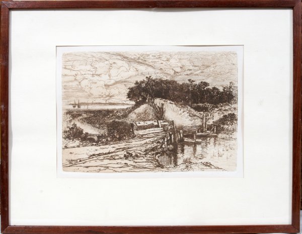 MARY N. MORAN ETCHING 1881 COASTLINE LANDSCAPE: MARY NIMMO MORAN, ETCHING, 1881, 7 1/2" X 11", COASTLINE LANDSCAPE WITH STREAM: 1842-1899:Plate signed and dated lower left; framed.
