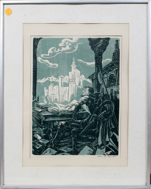 HANS ALEXANDER MÜLLER COLOR WOODCUT LITERARY: HANS ALEXANDER MÜLLER, COLOR WOODCUT, 12 3/4" X 9 1/4", LITERARY SUBJECT: AMERICAN 1888-1962:Knight with sword at desk with book, castle scene in distance; pencil signed; framed.