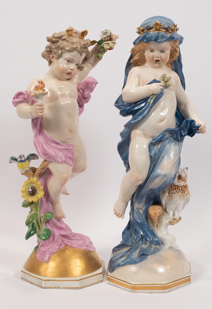 MEISSEN PORCELAIN ALLEGORICAL FIGURES, "DAY AND NIGHT": MEISSEN PORCELAIN ALLEGORICAL FIGURES, "DAY AND NIGHT" 19TH.C. H 21 - 1/2" Both figures have blue underglaze crossed sword trademarks. Figure of Night, (standing alongside an owl) also is incised "L 1
