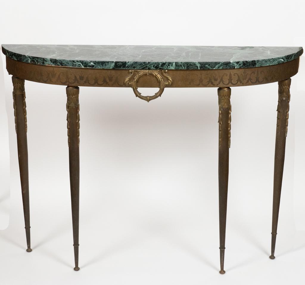 DIRECTOIRE FRENCH MARBLE TOP DEMI-LUNE ALL METAL BASE: DIRECTOIRE FRENCH MARBLE TOP DEMI-LUNE ALL METAL BASE CONSOLE TABLE H 35" W 45" D 11" Entire base is metal. Green verdigris marble top. Round tapered legs. back supports are iron. Provenance: Estate o