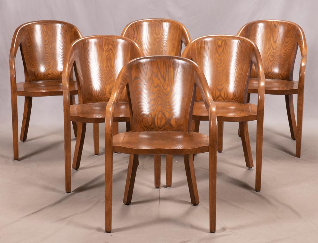 WARD BENNETT DESIGNS FOR BRICKEL ASSOCIATES ENGLISH OAK: WARD BENNETT DESIGNS FOR BRICKEL ASSOCIATES ENGLISH OAK LACQUERED ASH ARMCHAIRS GROUP OF 6 H 33" W 22.5" D 20" From the estate of Jack Faxon, Birmingham, MI. Michigan Senator and creator of the Michig