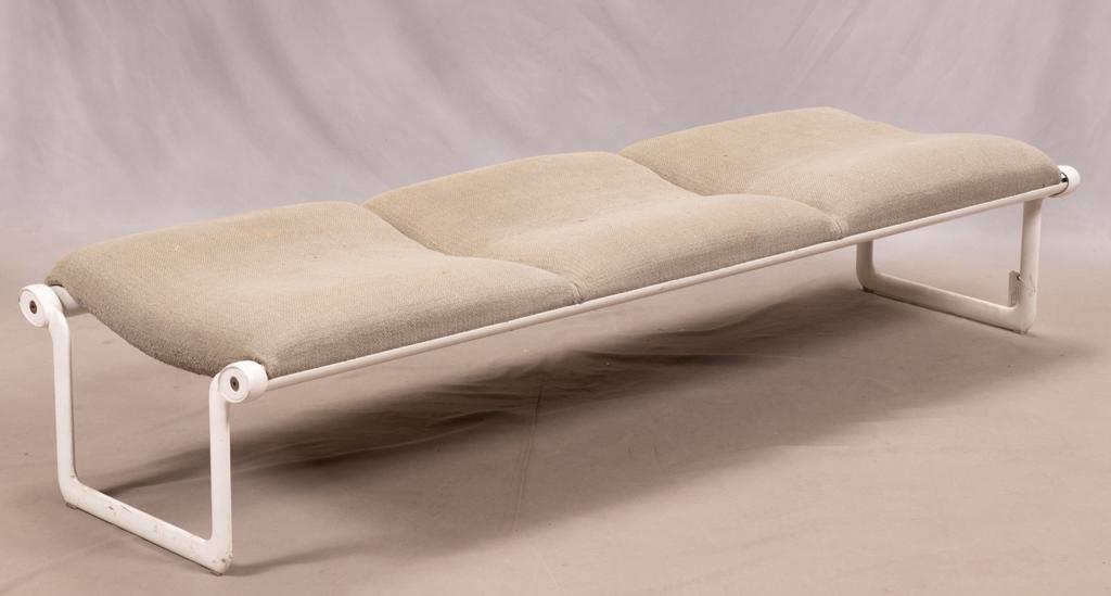 MID CENTURY KNOLL BENCH, 1979 H 15" W 24" L 81": MID CENTURY KNOLL BENCH, 1979 H 15" W 24" L 81" Classic enameled metal frame.Three seater. Trestle base. Label: Knoll International, Fifth Avenue, New York. Estate of Jack Faxon, Birmingham, MI. Michi