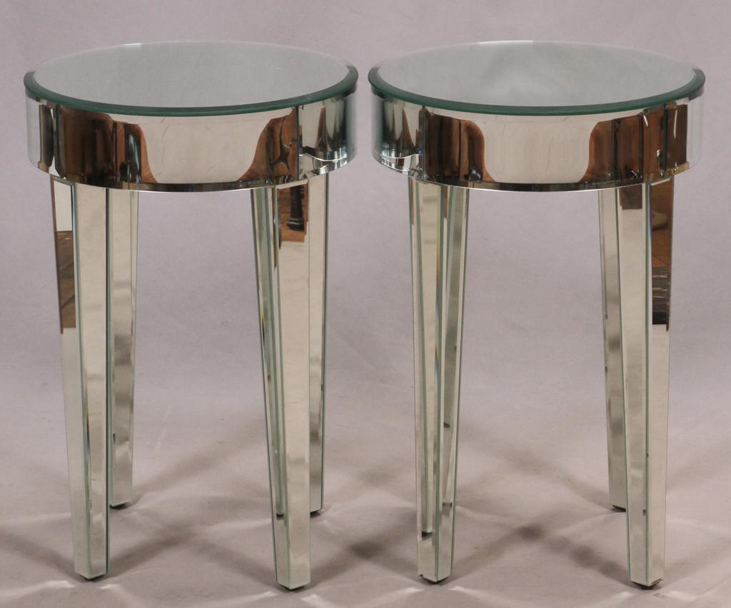 MODERN MIRRORED END TABLES PAIR H 24" DIA 16": MODERN MIRRORED END TABLES PAIR H 24" DIA 16" Beveled tapered legs (4 legs each) Estate of Jack Faxon, Birmingham, MI. Michigan Senator and creator of the Michigan Council for the Arts.