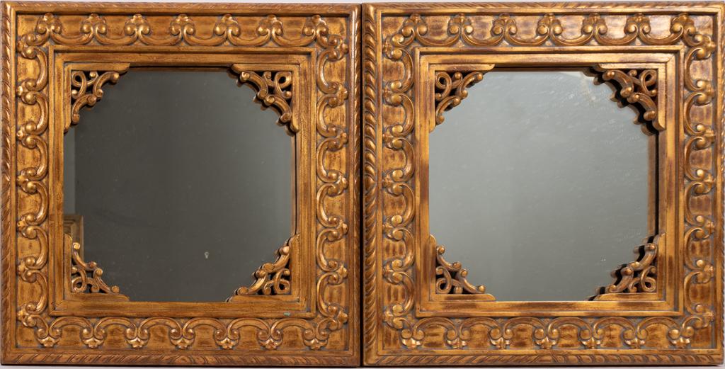LA BARGE WALL MIRRORS PAIR H 20" W 20": LA BARGE WALL MIRRORS PAIR H 20" W 20" Wood with gilt. High pointe, North Carolina.From Rathmor Road, Bloomfield Hills, Mi.