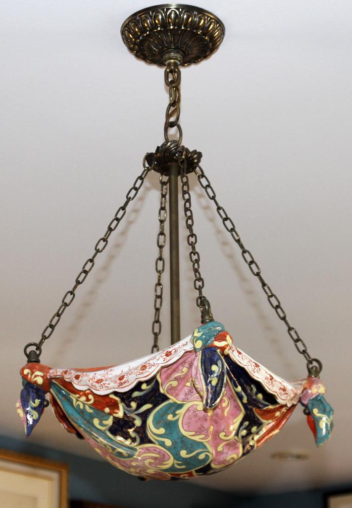 PORCELAIN CHANDELIER H 17" W 10.5" L 10.5": PORCELAIN CHANDELIER H 17" W 10.5" L 10.5" Multicolored handkerchief formed dome suspended from four chains, centered by a two-light fixture, multicolored scrolling pattern with fired gold scrolling a