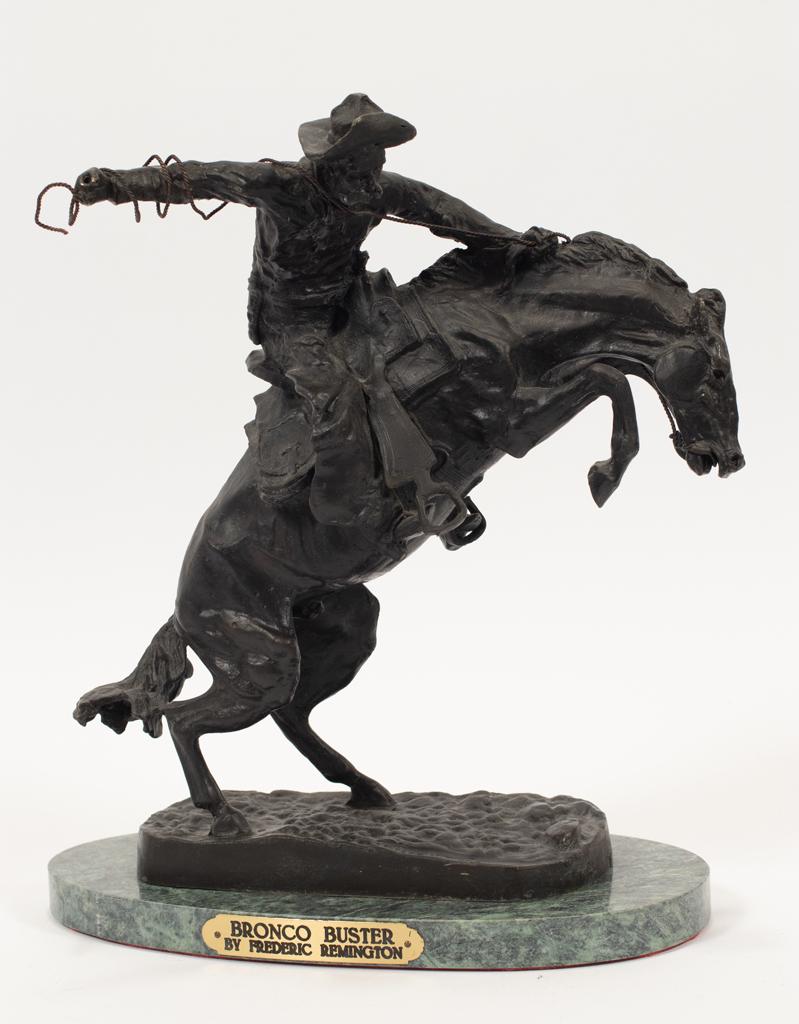 AFTER FREDERIC REMINGTON, BRONZE SCULPTURE H 13" W 12": AFTER FREDERIC REMINGTON, BRONZE SCULPTURE H 13" W 12" "BRONCO BUSTER" Size includes marble base.