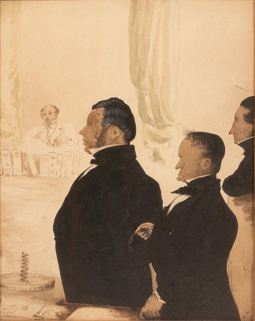 WATERCOLOR ON PAPER, 19TH C, H 13", W 10", REGENT: WATERCOLOR ON PAPER, 19TH C, H 13", W 10", REGENT GENTLEMEN A 19th century watercolor on paper depicting gentlemen in the Regency era. Frame measures H 17" x L 14". From the collection of Frank H. and