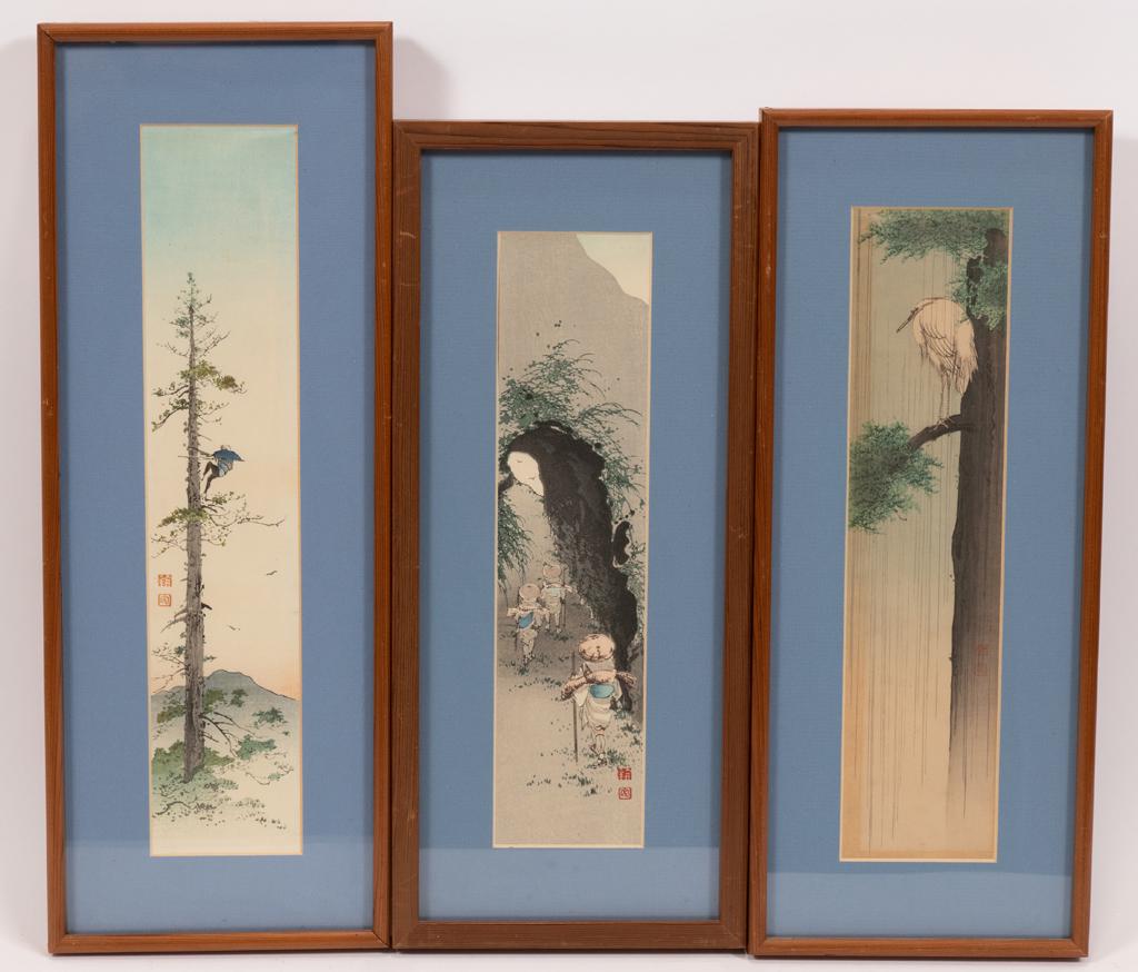 KOHO SHODA, 1870 - 46, JAPANESE WOODBLOCK PRINTS, 3: KOHO SHODA, 1870 - 46, JAPANESE WOODBLOCK PRINTS, 3 PCS, H 12"-14.5"Egret on a tree limb in the rain. Man climbing a tree. Hikers under rock formation. A selection of three Japanese woodblock prints o