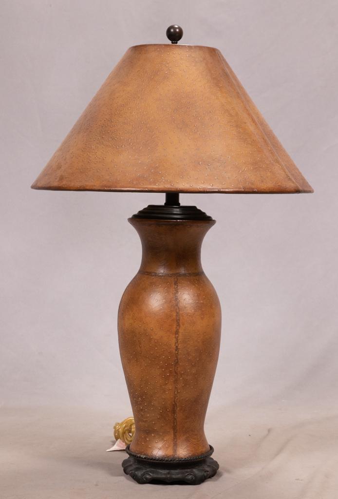 LEATHER CLAD, MAITLAND SMITH TABLE LAMP H 32": LEATHER CLAD, MAITLAND SMITH TABLE LAMP H 32" Hand made in Philippines. Shade appears to be ostrich hide. From Rathmor Road, Bloomfield Hills, Mi.