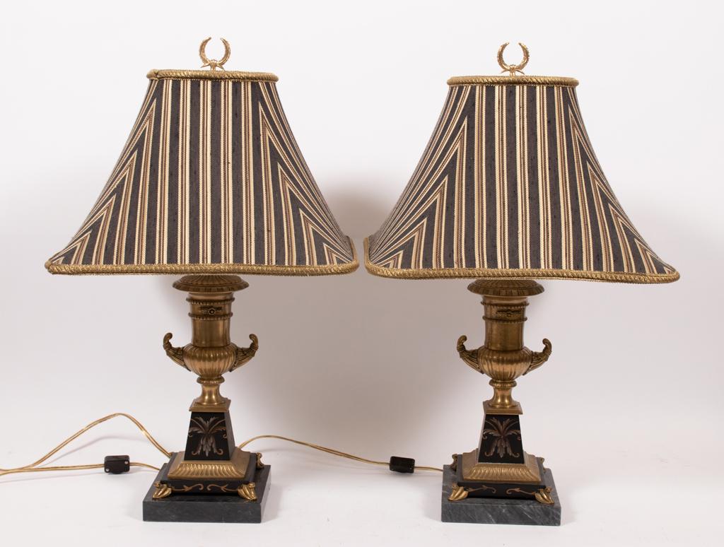 FREDERICK COOPER, BRASS AND MARBLE TABLE LAMPS PAIR H: FREDERICK COOPER, BRASS AND MARBLE TABLE LAMPS PAIR H 24" Traditional.From Rathmor Road, Bloomfield Hills, Mi.