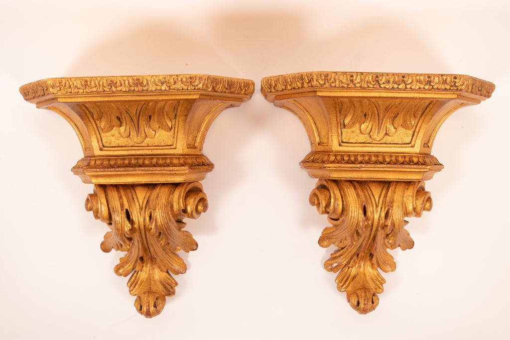 GILT WALL CURIO BRACKETS PAIR H 13" W 12": GILT WALL CURIO BRACKETS PAIR H 13" W 12" Composition. Acanthus leaf and scroll base.