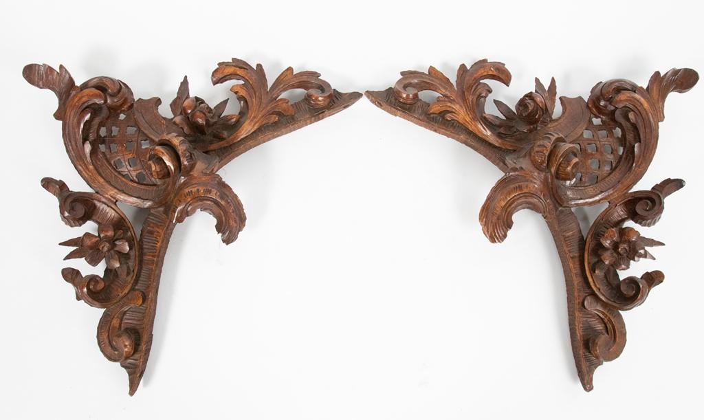 CARVED WOOD WALL ORNAMENTS (FINIAL) PAIR H 13" W 17.25": CARVED WOOD WALL ORNAMENTS (FINIAL) PAIR H 13" W 17.25" Estate of Jack Faxon, Birmingham, MI. Michigan Senator and creator of the Michigan Council for the Arts.