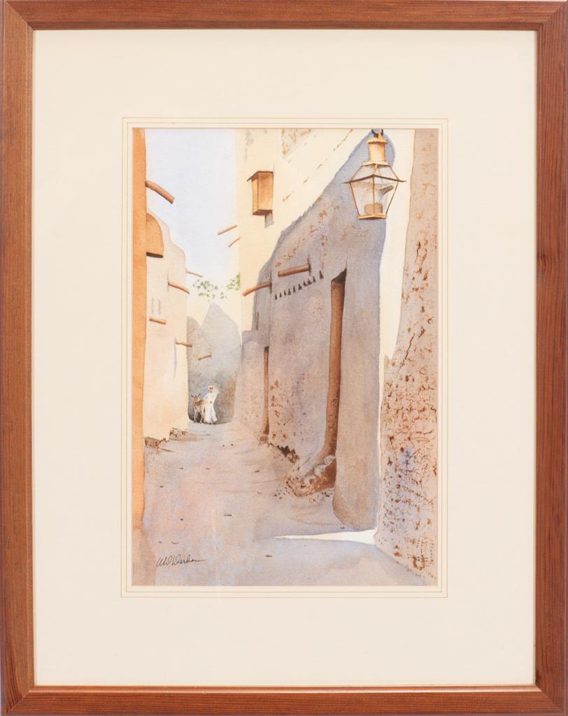 W. D. DURHAM, WATERCOLOR, C. 1980, H 14" W 9.2": W. D. DURHAM, WATERCOLOR, C. 1980, H 14" W 9.2" RIYADH STREET SCENE Signed. purchased in Riyadh, capital of Saudi Arabia.