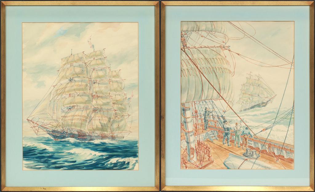 SIGNED PETE PENNY, WATERCOLOR SEASCAPES 1967, PAIR H: SIGNED PETE PENNY, WATERCOLOR SEASCAPES 1967, PAIR H 24" W 20" Clipper ship and deck of sailing vessel watercolors on paper. Signature appears to be Pete Penny. Custom gilt wood frames: 32" x 26".