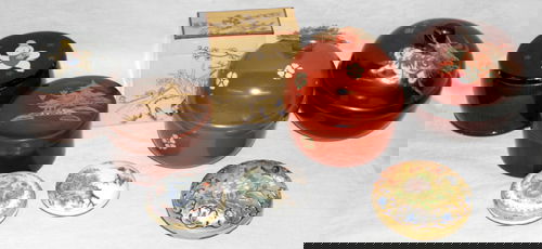 CHINESE LACQUER, WOOD, ENAMEL & PORCELAIN BOXES: CHINESE LACQUER, WOOD, ENAMEL & PORCELAIN DECORATIVE BOXES, EIGHT PIECES:Including 4 lacquer, one of which opens to coasters, Dia.3"-4", 1 wood, H.4", 1 enameled metal, Dia.3", and 2 porcelain, Dia.2