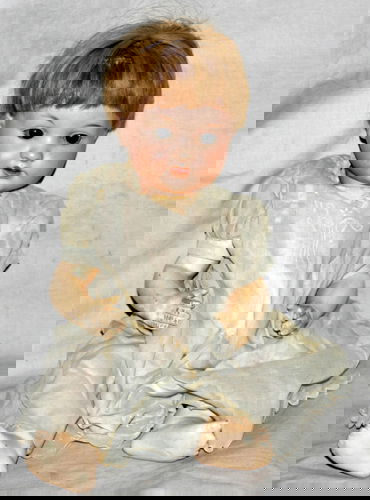 ARMAND MARSEILLE BISQUE HEAD, BODY DOLL: ARMAND MARSEILLE BISQUE HEAD, COMPOSITION BODY DOLL, C. 1930, L 17":Germany #985. Eyes open and close, mouth open.