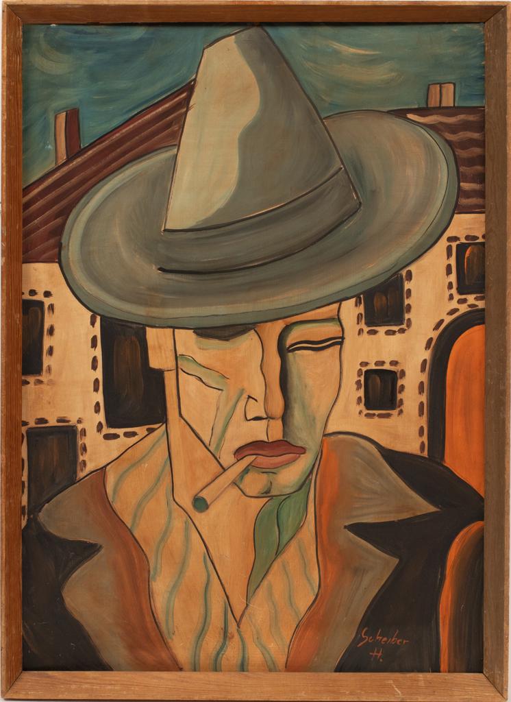 HUGO SCHEIBER (HUNGARY, 1873-1950) OIL ON BOARD, H 27",: HUGO SCHEIBER (HUNGARY, 1873-1950) OIL ON BOARD, H 27", W 19 3/8", "SMOKING MAN" An oil on board titled "Smoking Man" by Hugo Scheiber. Depicting a stylized man wearing a hat with a downward gaze. Art